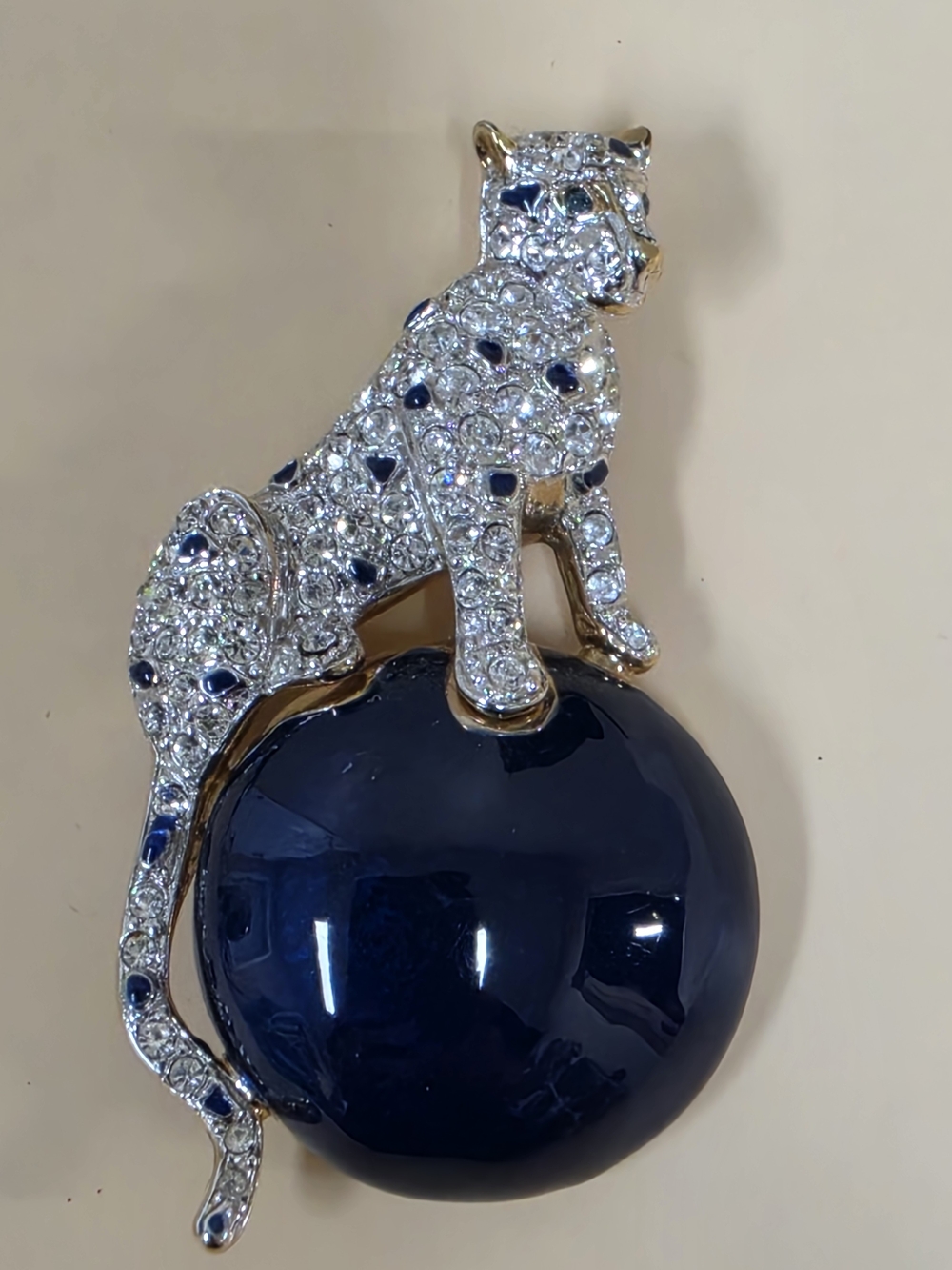 Stunning Rhinestone Panther Brooch with Navy Enamel Orb - Designer Style